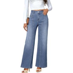 imageDokotoo Womens High Rise Baggy Jeans Straight Wide Leg Casual Trendy Pants Stretch Loose Fit Lightweight Denim PantsDusk Blue
