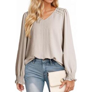 imageDokotoo Womens Tops Casual V Neck Long Sleeve Lace Trim Shirts with Smocked Cuffs Loose Tunic Tops BlousesApricot