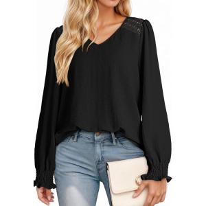 imageDokotoo Womens Tops Casual V Neck Long Sleeve Lace Trim Shirts with Smocked Cuffs Loose Tunic Tops BlousesBlack