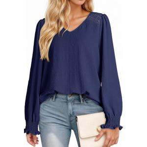 imageDokotoo Womens Tops Casual V Neck Long Sleeve Lace Trim Shirts with Smocked Cuffs Loose Tunic Tops BlousesNavy Blue
