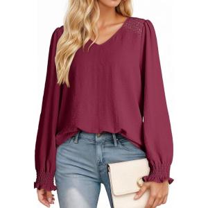 imageDokotoo Womens Tops Casual V Neck Long Sleeve Lace Trim Shirts with Smocked Cuffs Loose Tunic Tops BlousesRed Dahlia