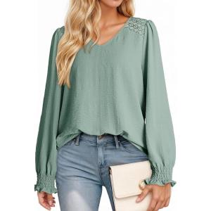imageDokotoo Womens Tops Casual V Neck Long Sleeve Lace Trim Shirts with Smocked Cuffs Loose Tunic Tops BlousesSmoke Green