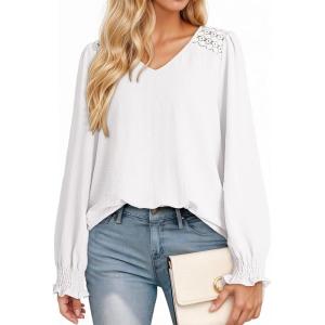imageDokotoo Womens Tops Casual V Neck Long Sleeve Lace Trim Shirts with Smocked Cuffs Loose Tunic Tops BlousesWhite