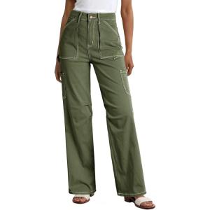 imageDokotoo Womens Cargo Pants Women Baggy Wide Leg High Waist Casual Pants Jean Stretch PantsGreen 01