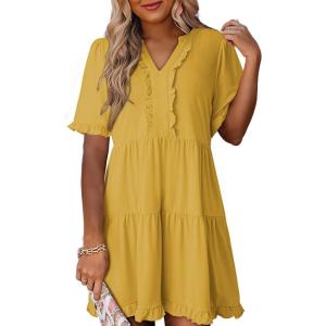 imageDokotoo Womens Dresses 2025 Summer Spring V Neck Short Sleeve Casual A Line Flowy Swing Shift Dress Mini DressBanana Cream