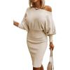 imageDokotoo Womens Elegant Off Shoulder Long Lantern Sleeve Sweater Dress Elastic Waist Bodycon Mini DressesApricot