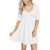 imageDokotoo Womens Summer Dresses 2025 Short Sleeve Square Neck Smocked Elastic Waist Ruffle Tiered Casual Swing Mini DressWhite