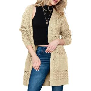 imageDokotoo Womens 2025 Fashion Casual Open Front Long Sleeve Chunky Cable Knit Cardigans Sweaters Outerwear Coats with PocketsBeige