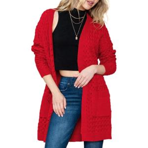 imageDokotoo Womens 2025 Fashion Casual Open Front Long Sleeve Chunky Cable Knit Cardigans Sweaters Outerwear Coats with PocketsRed