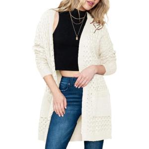 imageDokotoo Womens 2025 Fashion Casual Open Front Long Sleeve Chunky Cable Knit Cardigans Sweaters Outerwear Coats with PocketsWhite