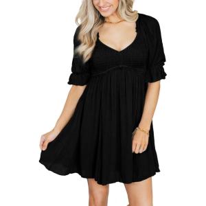 imageDokotoo Womens Summer Dresses 2025 Short Sleeve Square Neck Smocked Elastic Waist Ruffle Tiered Casual Swing Mini DressBlack