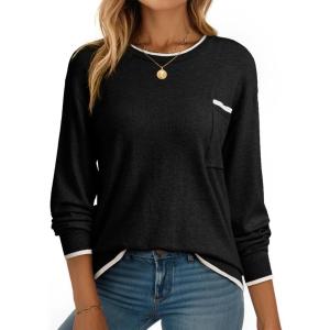 imageDokotoo Womens Sweaters Casual Crewneck Long Sleeve Pullover Sweater Jumper Tops with Chest PocketBlack