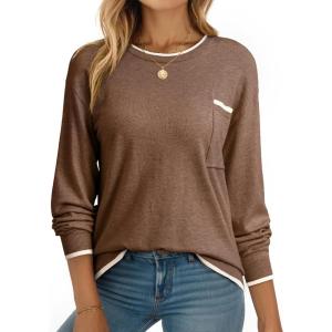 imageDokotoo Womens Sweaters Casual Crewneck Long Sleeve Pullover Sweater Jumper Tops with Chest PocketBrown