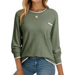 imageDokotoo Womens Sweaters Casual Crewneck Long Sleeve Pullover Sweater Jumper Tops with Chest PocketGreen