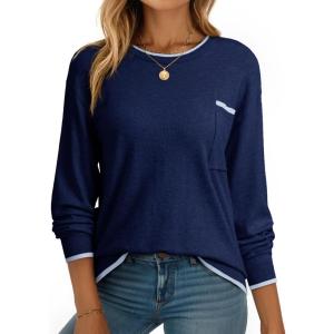imageDokotoo Womens Sweaters Casual Crewneck Long Sleeve Pullover Sweater Jumper Tops with Chest PocketNavy Blue