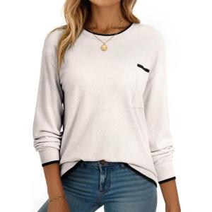 imageDokotoo Womens Sweaters Casual Crewneck Long Sleeve Pullover Sweater Jumper Tops with Chest PocketWhite