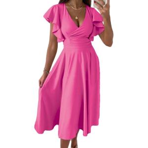 imageDokotoo Womens V Neck Elegant Party Dress Short Sleeve Skater Dress Wedding Guest DressesRose