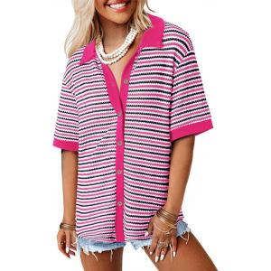 imageDokotoo Womens Waffle Knit Tops 2025 Spring Summer Button V Neck Short Sleeve Shirts Casual Lightweight Stripe BlousesRose Stripe