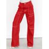 imageDokotoo Womens Casual Mid Waist Cargo Jeans Stretch Wide Leg Denim Pants with PocketsRed