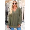 imageDokotoo Womens V Neck Long Sleeve Waffle Knit Tops Off Shoulder Oversized Pullover SweaterMoss Green