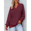 imageDokotoo Womens V Neck Long Sleeve Waffle Knit Tops Off Shoulder Oversized Pullover SweaterWine
