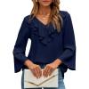 imageDokotoo Womens Dressy Casual Blouses 34 Sleeve Fall Tops 2025 Ruffle V Neck Business ShirtsBlue