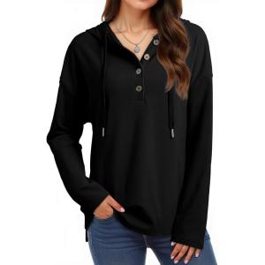 imageDokotoo Hoodies for Women Long Sleeve Drawstring Button V Neck Fleece Casual Lightweight Pullover Sweatshirt Hooded TopsBlack