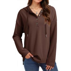 imageDokotoo Hoodies for Women Long Sleeve Drawstring Button V Neck Fleece Casual Lightweight Pullover Sweatshirt Hooded TopsBrown
