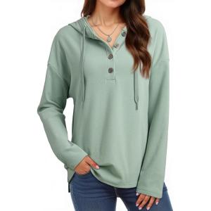 imageDokotoo Hoodies for Women Long Sleeve Drawstring Button V Neck Fleece Casual Lightweight Pullover Sweatshirt Hooded TopsGreen