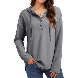 imageDokotoo Hoodies for Women Long Sleeve Drawstring Button V Neck Fleece Casual Lightweight Pullover Sweatshirt Hooded TopsGrey