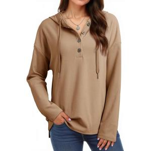 imageDokotoo Hoodies for Women Long Sleeve Drawstring Button V Neck Fleece Casual Lightweight Pullover Sweatshirt Hooded TopsKhaki