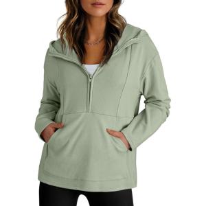 imageDokotoo Hoodies for Women Soft Fleece Half Zip Up Hoodie Long Sleeve Casual Pullover Oversized Sweatshirt Hooded TopsGrass Green