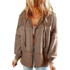 imageDokotoo Waffle Knit Hoodies for Womens Zip Up Jackets 2025 Drawstring Fall Casual JacketsBrown