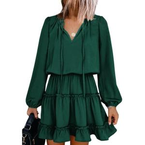 imageDokotoo Womens 2024 Split V Neck Ruffle Chiffon Elegant Mini Short Skirt Dresses