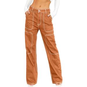 imageDokotoo Womens Casual Mid Waist Cargo Jeans Stretch Wide Leg Denim Pants with PocketsGold Flame