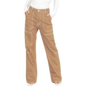 imageDokotoo Womens Casual Mid Waist Cargo Jeans Stretch Wide Leg Denim Pants with PocketsKhaki