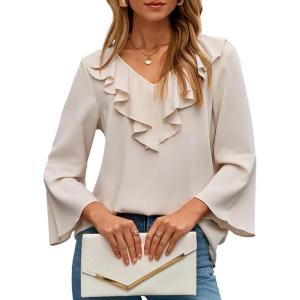 imageDokotoo Womens Dressy Casual Blouses 34 Sleeve Fall Tops 2025 Ruffle V Neck Business ShirtsApricot