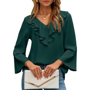 imageDokotoo Womens Dressy Casual Blouses 34 Sleeve Fall Tops 2025 Ruffle V Neck Business ShirtsGreen