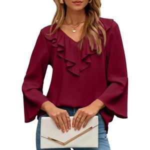imageDokotoo Womens Dressy Casual Blouses 34 Sleeve Fall Tops 2025 Ruffle V Neck Business ShirtsRed