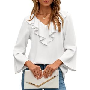imageDokotoo Womens Dressy Casual Blouses 34 Sleeve Fall Tops 2025 Ruffle V Neck Business ShirtsWhite