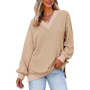imageDokotoo Womens V Neck Long Sleeve Waffle Knit Tops Off Shoulder Oversized Pullover SweaterApricot