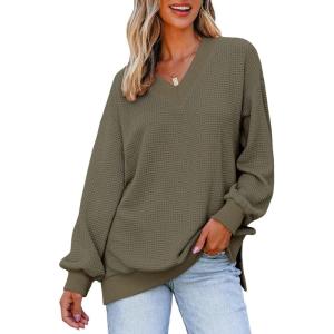 imageDokotoo Womens V Neck Long Sleeve Waffle Knit Tops Off Shoulder Oversized Pullover SweaterMoss Green