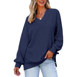 imageDokotoo Womens V Neck Long Sleeve Waffle Knit Tops Off Shoulder Oversized Pullover SweaterNavy