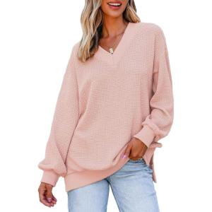 imageDokotoo Womens V Neck Long Sleeve Waffle Knit Tops Off Shoulder Oversized Pullover SweaterPink