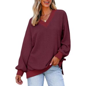 imageDokotoo Womens V Neck Long Sleeve Waffle Knit Tops Off Shoulder Oversized Pullover SweaterWine