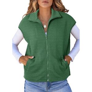 imageDokotoo Womens Vest Tops 2025 Zipper Up Cap Sleeve Side Pockets Waffle Knit Sleeveless Oversized VestsGreen