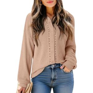 imageDokotoo Womens Waffle Knit Crochet Lace Shirts 2025 Fall Long Sleeve Button Down BlousesApricot