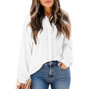 imageDokotoo Womens Waffle Knit Crochet Lace Shirts 2025 Fall Long Sleeve Button Down BlousesWhite