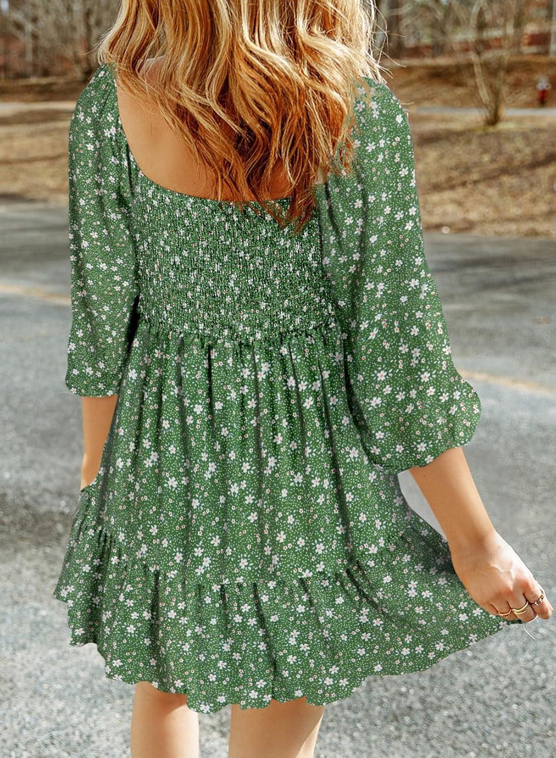 imageDokotoo Fall Dresses for Women 2025 Boho Floral Square Neck Smocked 34 Sleeve Casual ALine Swing Mini Dress SundressGreen