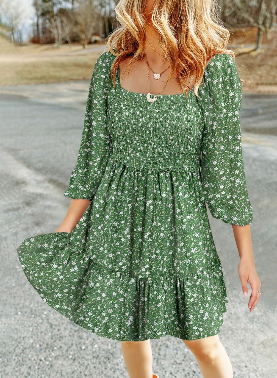 imageDokotoo Fall Dresses for Women 2025 Boho Floral Square Neck Smocked 34 Sleeve Casual ALine Swing Mini Dress SundressGreen